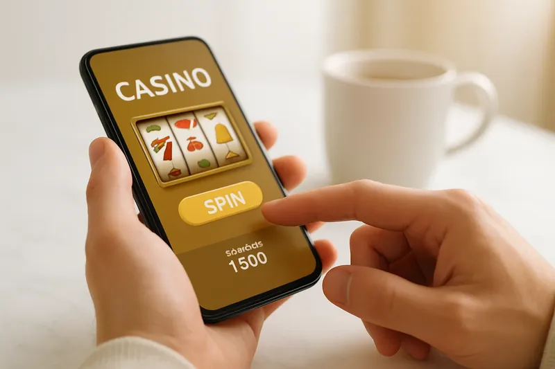 Man tapping mobile casino interface on phone at marble desk