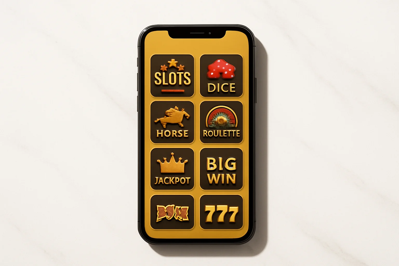 Smartphone on white marble showing bright casino game selection grid