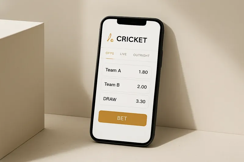 Phone screen showing modern cricket betting odds interface in white and gold