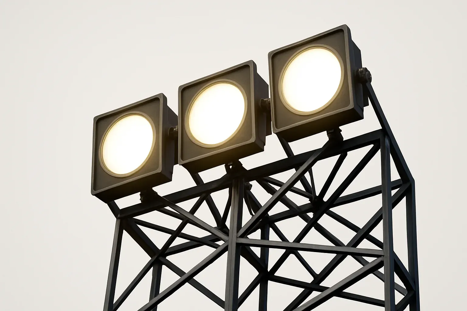 Four bright stadium floodlights through metal structure against darkening blue sky