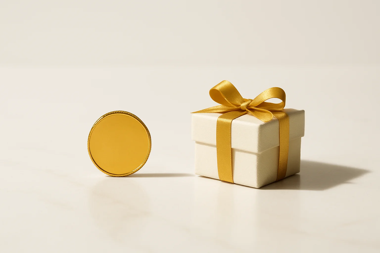 Single gold coin beside small unwrapped gift box on cream marble