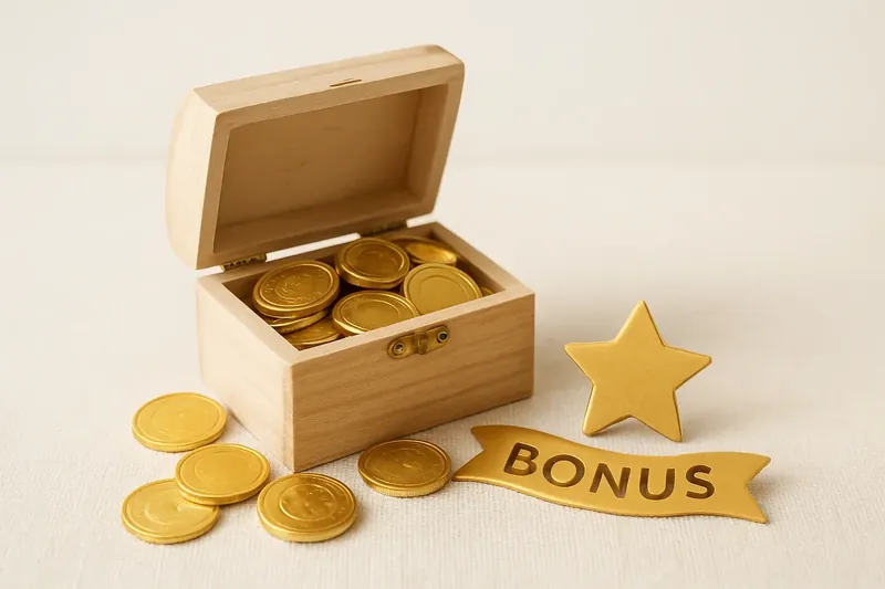 Open treasure box spilling gold coins with star badge and bonus ribbon