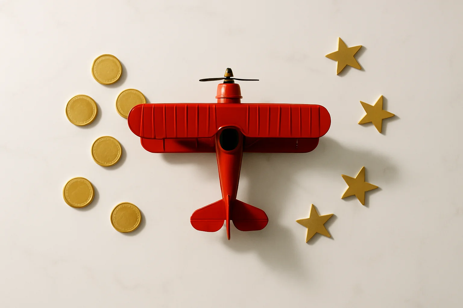 Miniature red airplane model with gold coins and star tokens