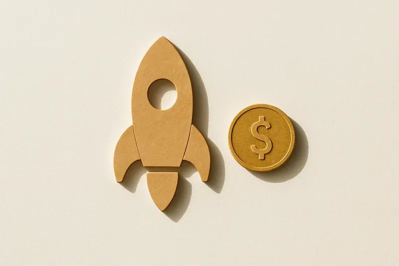 Minimalist rocket icon with gold coin on white background