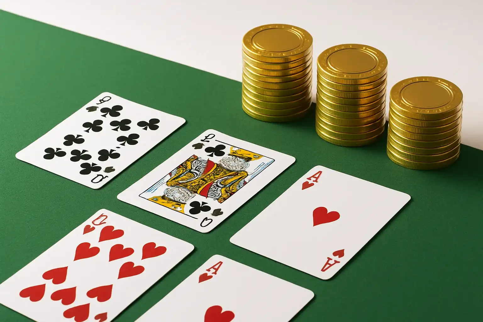 Clean casino table with green felt, card hands, and gold chips