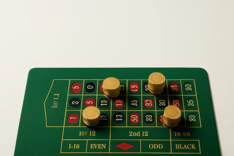 Top-down roulette table layout with gold chip stacks on green felt