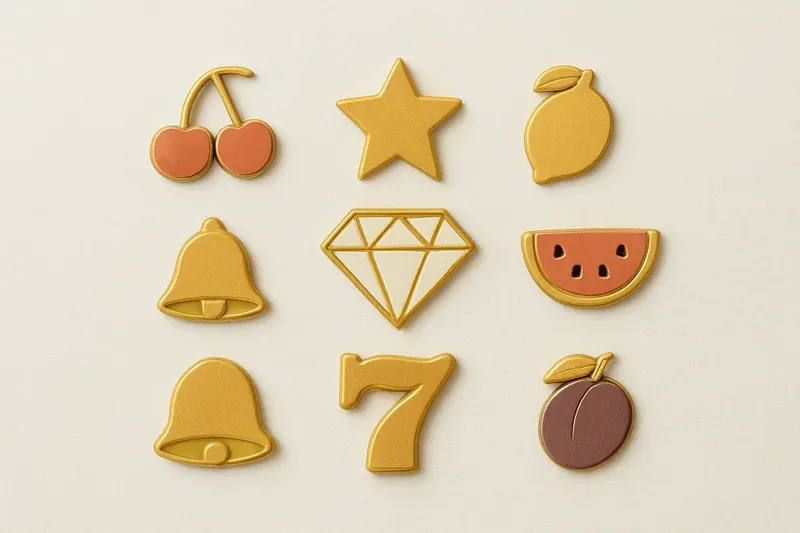 Assorted casino slot game icons with fruit, diamonds, lucky sevens, and stars