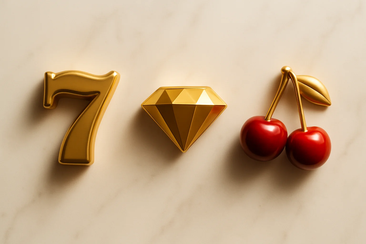 Three polished slot symbols on white marble with warm spotlights